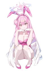 1girl absurdres animal_ears blue_archive fake_animal_ears feathered_wings gloves hair_between_eyes hair_bun half_gloves halo head_on_hands high_heels highres hyuji_0w0 leotard long_hair looking_at_viewer mika_(blue_archive) pantyhose pink_hair pink_halo pink_leotard pink_shoes rabbit_ears shoes simple_background single_side_bun solo squatting very_long_hair white_background white_pantyhose white_wings wings yellow_eyes
