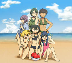6+girls angry ash_ketchum ball barry_(pokemon) beach beachball bikini breasts brock_(pokemon) cleavage closed_eyes cloud collarbone conway_(pokemon) dawn_(pokemon) female_focus genderswap genderswap_(mtf) glasses happy hip_focus james_(jms-pnt) midriff multiple_girls navel nintendo paul_(pokemon) poke_ball pokemon pokemon_(anime) shorts sitting smile swimsuit