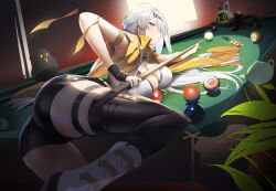 1girl absurdres ass ball billiard_ball bird black_bird cue_stick high-waist_shorts highres holding_cue_stick najiu_jiao_xiaolan_ba on_table pool_table shorts single_hair_intake single_thighhigh table thighhighs yellow_eyes yixuan_(zenless_zone_zero) zenless_zone_zero
