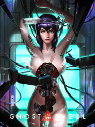 1girl android assembling blue_eyes collarbone convenient_censoring cyberpunk cyborg female_focus ghost_in_the_shell highres kusanagi_motoko liang_xing lips looking_at_viewer lying machinery medium_hair on_back parody purple_hair realistic science_fiction solo style_parody