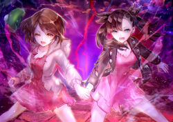 2girls black_hair black_jacket brown_eyes brown_hair dress earrings energy floating_hair gloria_(pokemon) green_eyes grey_jacket hair_ribbon hat holding_hands jacket jewelry legs_apart lightning looking_at_viewer marnie_(pokemon) multiple_girls nintendo open_mouth pink_dress pokemon pokemon_swsh purple_background purple_sky red_dress ribbon short_hair sky standing stud_earrings torn_clothes torn_dress torn_jacket tsukigime_(fool_ehle) twintails unworn_hat unworn_headwear v-shaped_eyebrows