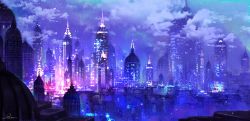 Rule 34 | building, city, city lights, cityscape, cloud, cloudy sky, commentary, dome, glowing, highres, kurasuta, night, night sky, no humans, original, outdoors, purple theme, scenery, signature, sky, skyscraper