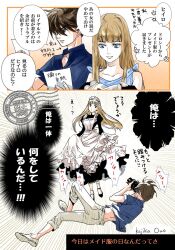 1boy 1girl apron arrow_(symbol) artist_name black_dress black_shoes blonde_hair blue_dress blue_eyes blue_shirt blunt_bangs brown_hair camera commentary_request couple dress grey_pants gundam gundam_wing hair_between_eyes heero_yuy hetero highres holding holding_camera juliet_sleeves kajikaono long_dress long_hair long_sleeves maid maid_apron maid_headdress midriff_peek pants parted_lips puffy_sleeves relena_peacecraft shirt shoes short_hair smile socks straight_hair taking_picture translation_request white_apron white_shoes white_socks