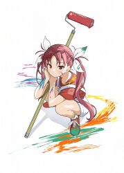 1girl alternate_hairstyle asukaru_(magika_ru) blush closed_mouth commentary dated full_body hair_ribbon highres holding_paint_roller long_hair looking_at_viewer mahou_shoujo_madoka_magica paint paint_roller red_eyes red_hair red_shirt red_shoes ribbon sakura_kyoko shirt shoes short_sleeves shorts signature simple_background sneakers solo squatting suspender_shorts suspenders twintails white_background white_ribbon white_shoes