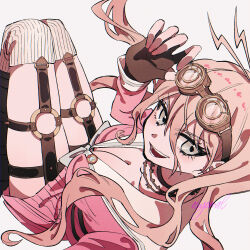 1girl adjusting_clothes adjusting_headwear antenna_hair barbed_wire belt blonde_hair blue_eyes breasts choker cleavage commentary danganronpa_(series) danganronpa_v3:_killing_harmony eyelashes fingerless_gloves from_behind gloves goggles goggles_on_head hair_between_eyes highres iruma_miu knees_up large_breasts light_blush long_hair long_sleeves looking_at_viewer looking_back multiple_belts no_dickey o-ring o-ring_belt open_mouth pink_serafuku pink_shirt school_uniform serafuku shimaya shirt skindentation skirt smile striped_clothes striped_thighhighs teeth thigh_belt thigh_strap thighhighs thighs vertical-striped_clothes vertical-striped_thighhighs very_long_hair wavy_hair white_background white_thighhighs