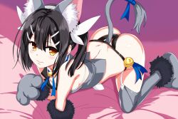 1girl animal_ears animal_hands bare_shoulders blush breasts cat_ears cat_tail fate/kaleid_liner_prisma_illya fate_(series) gloves ketsuryuukou long_hair looking_at_viewer miyu_edelfelt miyu_edelfelt_(beast_style) paw_gloves paw_shoes solo tail thighhighs
