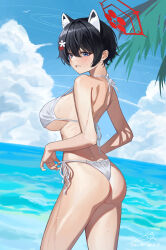 1girl absurdres alternate_costume animal_ear_fluff animal_ears ass astelia back bare_arms bikini black_hair blue_archive blue_eyes blue_sky blush breasts cloud cloudy_sky commentary day english_commentary extra_ears from_behind hair_between_eyes hair_ornament halo halterneck highres large_breasts looking_at_viewer ocean outdoors raccoon_ears raccoon_girl red_halo short_hair side-tie_bikini_bottom sideboob signature sky solo sweat swimsuit thighs tsubaki_(blue_archive) turning_head wet white_bikini