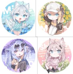 4girls :d ahoge animal_ear_fluff animal_ears arm_up bag baseball_cap black_jacket black_shoes blonde_hair blue_eyes blue_flower blue_hair blue_hoodie boots braid breasts brown_jacket brown_pants brown_shirt cat_ears cat_girl cat_tail character_name chibi closed_mouth crop_top drawstring english_text eyewear_on_head flower grey_hair grey_pants hair_between_eyes hair_ornament hand_on_headwear handbag hat highres hood hood_down hoodie horns jacket kikyo_(vrchat) long_hair long_sleeves looking_at_viewer merino_(vrchat) midriff mishe_(vrchat) multiple_drawing_challenge multiple_girls open_clothes open_jacket open_mouth pants parted_lips pink_eyes pink_shirt plant ponderogen puffy_long_sleeves puffy_sleeves purple_eyes purple_flower purple_hair sample_watermark shinano_(vrchat) shirt shoes shoulder_bag side_braid sitting skirt sleeves_past_wrists smile sunglasses tail very_long_hair vrchat watermark white_flower white_hair white_hoodie white_pants white_shirt white_shoes white_skirt wisteria yellow_flower yellow_shirt