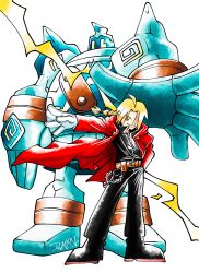 1boy 1other absurdres belt black_footwear black_jacket black_pants blonde_hair braid braided_ponytail coat dwalkn edward_elric fullmetal_alchemist gen_5_pokemon gloves golurk hair_over_eyes highres jacket large_hands lightning nintendo pants pokemon pokemon_(creature) red_coat simple_background size_difference sugimori_ken_(style) white_background white_gloves yellow_eyes