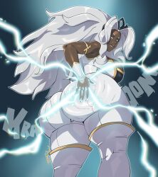 animification armlet artist_name artzjtt ass ass_focus bare_shoulders biting_own_lip black_shirt blue_background blue_eyes boots breasts cleavage commentary cowboy_shot cropped_jacket dark-skinned_female dark_skin electricity electrokinesis energy english_commentary female_focus floating_hair glowing glowing_hand gold_trim gradient_background hair_ornament highres huge_ass huge_breasts jacket jewelry jiggle lightning_bolt_symbol long_hair looking_at_viewer marvel marvel_tokon:_fighting_souls naughty_face pants parted_bangs presenting shirt sideboob simple_background smile solo spanking storm_(x-men) thick_lips thick_thighs thigh_boots thighs vambraces very_dark_skin very_long_hair wavy_hair white_boots white_hair white_jacket white_pants x-men