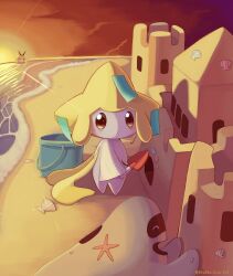 ^_^ artist_name beach brown_eyes bucket building_sand_sculpture caustics closed_eyes closed_mouth cloud commentary dot_mouth dragon_star213 facial_mark gen_3_pokemon gen_5_pokemon gen_7_pokemon happy highres holding holding_shovel innertube jirachi legendary_pokemon looking_at_viewer looking_to_the_side mythical_pokemon nintendo on_innertube open_mouth outdoors palossand pokemon pokemon_(creature) sand sand_bucket sand_castle sand_sculpture sandygast scallop seashell shell shore shovel sky sleeping smile starfish sun sunset swim_ring tanzaku twitter_username victini