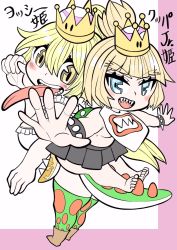 2girls :d bare_shoulders barefoot blonde_hair blue_eyes blush bowsette_jr. bracelet breasts character_name collar commentary_request crown feet forked_eyebrows grey_skirt highres jewelry long_hair looking_at_viewer mario_(series) mini_crown multiple_girls new_super_mario_bros._u_deluxe nintendo open_mouth pleated_skirt ponytail princess_yoshi sharp_teeth skirt smile spiked_bracelet spiked_collar spiked_shell spiked_tail spikes super_crown tail teeth tekitou_nimo_hodo_ga_aru toes turtle_shell underboob v-shaped_eyebrows very_long_hair yellow_eyes yoshi