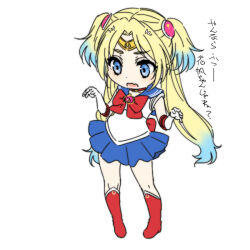 1girl back_bow bishoujo_senshi_sailor_moon blonde_hair blue_eyes blue_hair blue_sailor_collar blue_skirt boots bow bowtie choker circlet commentary_request cosplay deformed elbow_gloves fang full_body gloves gradient_hair hands_up high_heel_boots high_heels knee_boots light_blue_hair link!_like!_love_live! long_hair love_live! miniskirt multicolored_hair osawa_rurino parted_bangs pleated_skirt red_boots red_bow red_bowtie red_choker sailor_collar sailor_moon sailor_moon_(cosplay) shinanoya_(satanicad) shirt short_sleeves simple_background skin_fang skirt solo standing translation_request twintails very_long_hair virtual_youtuber white_background white_gloves white_shirt