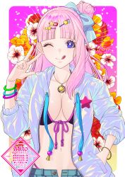 1girl bikini bikini_under_clothes blue_eyes blush bracelet breasts denim denim_shorts flower hair_bun hair_ornament hair_ribbon hairclip hand_in_pocket highres hongou_hina isshou_senkin jacket jewelry large_breasts long_hair looking_at_viewer mito_amatsu multicolored_clothes navel one_eye_closed open_clothes open_jacket pink_hair ribbon short_shorts shorts smile solo star-shaped_pupils star_(symbol) swimsuit symbol-shaped_pupils tongue tongue_out v