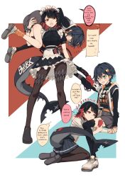2girls asymmetrical_legwear belle_(zenless_zone_zero) black_hair black_shirt blue_eyes blue_skirt carrying carrying_over_shoulder carrying_person cellphone ellen_joe fins fish_tail hand_on_another&#039;s_ass holding_hands hood hooded_jacket jacket kuma_(bloodycolor) lap_pillow maid mismatched_legwear multiple_girls nail_polish pantyhose phone red_eyes red_hair school_uniform shark_tail shirt simple_background sitting skirt sweatdrop tail translated yuri zenless_zone_zero