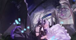2girls absurdres arcaea backless_dress backless_outfit bare_shoulders black_choker black_dress black_hair blue_butterfly bow bug building butterfly chinese_commentary choker commentary_request couple dress frilled_wrist_cuffs frills glass_shards hair_bow hand_on_another&#039;s_shoulder hands_on_another&#039;s_face highres hikari_(arcaea) hikari_(reunion)_(arcaea) indoors insect kiss long_hair long_sleeves multiple_girls muonrei00 night off-shoulder_dress off_shoulder rain ruins tairitsu_(arcaea) tairitsu_(reunion)_(arcaea) twintails very_long_hair white_bow white_dress white_hair white_wrist_cuffs wrist_cuffs yuri