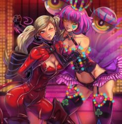 2girls absurdres angry arm_up arms_behind_back bare_shoulders belt black_gloves blonde_hair blue_eyes blue_hair blunt_bangs blush bob_cut bodysuit boots bound bound_wrists bow breasts bruise bruise_on_face cat_tail cleavage clenched_hand clenched_teeth collarbone colored_eyelashes crown dominatrix elbow_gloves embarrassed eye_contact facepaint facial_mark female_focus femdom garter_straps gloves glowing grin groin hair_ornament hairclip half-closed_eye hand_on_another&#039;s_chin hand_up happy heart highres hiiragi_alice holding holding_leash indoors injury latex latex_bodysuit leash long_hair looking_at_another looking_to_the_side medium_breasts miniskirt multicolored_hair multicolored_headwear multiple_girls navel one_eye_closed orange_eyes panties persona persona_5 persona_5_scramble:_the_phantom_strikers pet_play pink_hair pink_lips pink_skirt polka_dot polka_dot_panties purple_bow purple_crown purple_legwear purple_panties purple_shirt raised_eyebrow red_footwear red_lips shadow_alice_(persona_5_scramble) shirt short_hair showgirl_skirt sidelocks skin_tight skirt sleeveless sleeveless_shirt smile standing stomach strapless streaked_hair striped_clothes striped_legwear striped_skirt striped_thighhighs tail takamaki_anne teeth thigh_boots thighhighs toasty_scones torn_bodysuit torn_clothes tube_top twintails underwear uneven_eyes v-shaped_eyebrows wince yuri zipper zipper_pull_tab