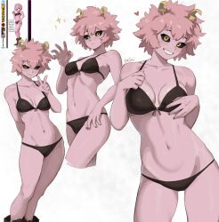 1girl absurdres antennae ashido_mina bikini black_bikini black_sclera boku_no_hero_academia breasts cleavage colored_sclera colored_skin cropped_legs dashi_(dashiart) fluffy_hair heart highres looking_at_viewer medium_breasts multiple_views navel pink_hair pink_skin short_hair simple_background standing stomach swimsuit white_background yellow_eyes