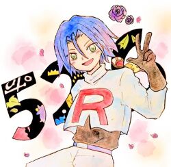 Rule 34 | 1boy, black gloves, gloves, happy, james (pokemon), looking at viewer, male focus, minmin33r, nintendo, pokemon, pokemon (anime), pokemon (classic anime), pokemon (creature), smile, solo, solo focus, team rocket, team rocket uniform, victory pose, white background