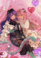 Rule 34 | 2girls, alternate costume, animal ear piercing, animal ears, artist name, balloon, bare shoulders, black bow, blunt bangs, blush, bow, braid, closed mouth, commentary request, couple, curtains, dress, frilled dress, frilled sleeves, frills, fur-trimmed dress, fur trim, genshin impact, glitter, gloves, hair between eyes, hair bow, hair intakes, hair ornament, hand up, happy, happy birthday, hat, heart, highres, indoors, leaning back, leaning on person, leaning to the side, long braid, long hair, long sleeves, looking at viewer, looking to the side, low-tied long hair, mole, mole under eye, multicolored dress, multiple girls, neck ribbon, off shoulder, omces96, parted lips, pink background, pink hair, purple eyes, purple hair, raiden shogun, red ribbon, ribbon, see-through clothes, see-through gloves, signature, single braid, sitting, smile, snake, twitter username, wavy hair, wide sleeves, yae miko, yuri