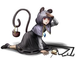 1girl animal_ears basket black_dress black_shoes bobby_socks capelet daikon danganronpa_(series) dowsing_rod dress female_focus food full_body grey_hair highres jewelry kneeling long_sleeves looking_afar looking_away mouse_(animal) mouse_ears mouse_tail nazrin oden open_mouth parody pendant radish red_eyes shoes short_hair skewer socks solo style_parody tail taku_(harajuku) touhou transparent_background white_socks
