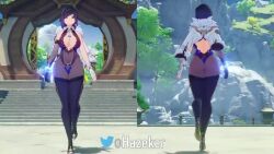 1girl 3d animated artist_name ass asymmetrical_clothes asymmetrical_sleeves backless_outfit black_hair blue_eyes blue_hair blue_sky breasts brooch cleavage_cutout closed_mouth clothing_cutout coat coat_on_shoulders cropped_jacket curvy day earrings elbow_gloves facing_away facing_viewer female_focus fingerless_gloves from_behind full_body fur-trimmed_jacket fur_trim gate genshin_impact gloves gradient_hair hazeker high_heels jacket jacket_on_shoulders jewelry leotard light_smile medium_breasts mihoyo mountain multicolored_hair multiple_views revealing_clothes screencap short_hair sky smile solo_focus split_screen stairs standing stomach thick_thighs thighhighs thighs tree two-tone_hair video walking watermark white_jacket wide_hips wrist_cuffs yelan_(genshin_impact)