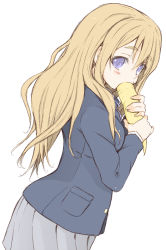 1girl blonde_hair blush daikon eating female_focus food highres k-on! kotobuki_tsumugi long_hair naz_(garyuuya) purple_eyes radish school_uniform sexually_suggestive skirt solo