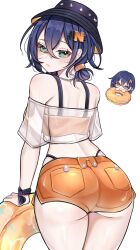 1girl absurdres ass belle_(zenless_zone_zero) bikini bikini_under_shorts blue_eyes bucket_hat commentary cowboy_shot crop_top from_behind green_eyes hair_ornament hat highres holding holding_swim_ring innertube letter_hair_ornament official_alternate_costume official_art_inset orange_bikini orange_shorts rosheil short_hair shorts simple_background solo swim_ring swimsuit thighs white_background zenless_zone_zero