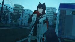 Rule 34 | 1girl, absurdres, amat80, animal ear fluff, animal ears, arknights, black hair, black pantyhose, black shirt, building, chain-link fence, city, colored inner hair, cowboy shot, crosswalk, day, fence, food, food in mouth, gloves, hair between eyes, highres, holding, holding food, holding pocky, jacket, light particles, long hair, looking at viewer, morning, multicolored hair, official alternate costume, orange eyes, outdoors, pantyhose, pocky, pocky in mouth, power lines, red gloves, red hair, road sign, shirt, sign, solo, standing, texas (arknights), texas (winter messenger) (arknights), white jacket, wolf ears, wolf girl