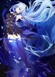 1girl absurdres bare_shoulders bear_minstrel blue_hair breasts closed_mouth dress genshin_impact hair_between_eyes hair_ornament highres long_hair red_eyes skirk_(genshin_impact) solo very_long_hair