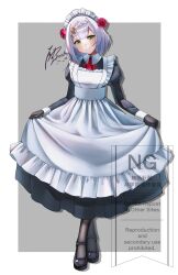 1girl absurdres alternate_costume apron black_dress black_gloves black_pantyhose black_shoes blush border closed_mouth commentary_request dress flower frilled_apron frilled_hairband frills full_body genshin_impact gloves green_eyes grey_background grey_hair hair_between_eyes hair_flower hair_ornament hairband highres hiziriamane long_hair long_sleeves maid maid_apron maid_headdress noelle_(genshin_impact) pantyhose red_flower red_rose rose shoes signature skirt_hold smile solo standing watermark white_apron white_border white_hairband white_wrist_cuffs wrist_cuffs