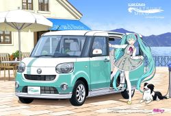 1girl alternate_costume aqua_eyes aqua_hair awning blue_sky character_name commentary_request company_name daihatsu day dog dress fencing green_eyes green_hair hair_ribbon happy hatsune_miku inlet kamogawa_(kamogawa_sodachi) leash long_hair long_sleeves looking_at_viewer minivan motor_vehicle mountain official_art one_eye_closed open_mouth outdoors patio_umbrella plaid_clothes plaid_dress restaurant ribbon shirt shoes sky table thighhighs twintails van very_long_hair vocaloid white_shirt white_thighhighs wink zettai_ryouiki