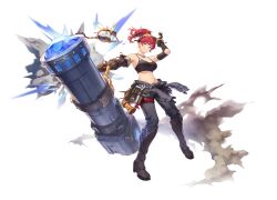 1girl absurdres armored_boots artist_request asymmetrical_gloves black_sports_bra boots breasts clothes_around_waist clothing_cutout dust_cloud dynamic_pose ear_piercing earrings elbow_cutout elbow_gloves fingerless_gloves game_cg gloves goddess_order goggles goggles_on_head grey_boots grey_eyes grey_pants grin hair_between_eyes hammer high_ponytail highres holding holding_weapon jacket jacket_around_waist jewelry large_breasts leg_wrap looking_at_viewer midriff navel necklace non-web_source official_art pants piercing ponytail red_hair robot scarlet_olson simple_background sleeveless smile solo sports_bra standing tachi-e tool_belt transparent_background weapon wrench