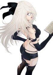 1girl a2_(nier:automata) android artist_name ass bespectacled blue_eyes book breasts commentary english_commentary eyelashes glasses highres holding holding_book long_hair median_furrow mitsuki_nite nier:automata nier_(series) open_book parted_lips solo standing watermark white_hair