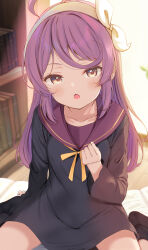 Rule 34 | 1girl, ahoge, black dress, black socks, blush, book, bookshelf, bow hairband, breasts, chestnut mouth, collarbone, commentary request, covered groin, dress, fang, hairband, highres, indoors, komone ushio, long hair, long sleeves, looking at viewer, neck ribbon, orange eyes, orange hairband, original, purple hair, purple sailor collar, ribbon, sailor collar, sailor dress, school uniform, sitting, small breasts, socks, solo, wariza, yellow ribbon