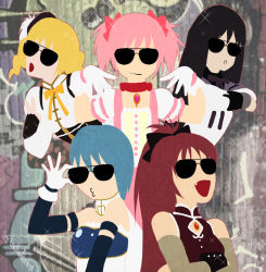 10s 5girls :c adjusting_eyewear akemi_homura akemi_homura_(magical_girl) artist_name aviator_sunglasses bare_shoulders black_hair blonde_hair blue_hair brooch choker crossed_arms detached_collar detached_sleeves drill_hair fang fingerless_gloves glasses glint gloves graffiti hair_between_eyes hair_ornament hat jewelry kaname_madoka kaname_madoka_(magical_girl) lis_van_piece long_hair magical_girl mahou_shoujo_madoka_magica mahou_shoujo_madoka_magica_(anime) miki_sayaka miki_sayaka_(magical_girl) multiple_girls no_lineart no_outlines o3o open_mouth pink_hair ponytail red_hair ribbon sakura_kyoko sakura_kyoko_(magical_girl) short_twintails soul_gem sparkle sunglasses tomoe_mami tomoe_mami_(magical_girl) twintails v wall white_gloves wrist_cuffs