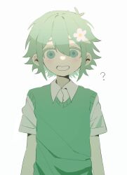 1boy ? absurdres alternate_hair_color antenna_hair arms_at_sides basil_(faraway)_(omori) basil_(omori) collared_shirt colored_eyelashes double-parted_bangs eyebrows_hidden_by_hair flower green_eyes green_hair green_sweater_vest grin hair_between_eyes hair_flower hair_ornament highres looking_at_viewer male_focus my_loleeta no_sclera omori pale_skin shirt short_hair short_sleeves simple_background smile solo straight-on sweat sweater_vest upper_body white_background white_flower white_shirt wide-eyed