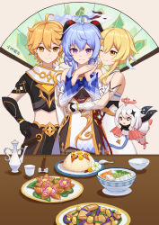 1boy 3girls :o ;) absurdres aether_(genshin_impact) ahoge bare_shoulders black_gloves black_shirt blonde_hair blue_hair bowl brother_and_sister chinese_commentary chopsticks commentary_request crop_top cup detached_sleeves dress feather_hair_ornament feathers floating food ganyu_(genshin_impact) genshin_impact gloves grey_background hair_between_eyes hair_ornament hand_on_own_hip hands_up highres horns hug long_hair looking_at_viewer lumine_(genshin_impact) midriff multiple_girls navel one_eye_closed own_hands_together paimon_(genshin_impact) plate purple_eyes scarf shirt short_hair short_sleeves siblings smile star-shaped_pupils star_(symbol) stomach symbol-shaped_pupils teacup teapot upper_body white_dress white_hair white_scarf yellow_eyes yitai_zhi_meng