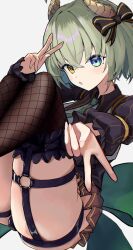 1girl ass black_bow black_shirt black_thighhighs blue_eyes bow brown_horns brown_skirt commentary_request demon_girl demon_horns double_v feet_out_of_frame fishnet_thighhighs fishnets frilled_thighhighs frills green_hair green_necktie hair_between_eyes hair_bow heterochromia highres horns long_sleeves looking_at_viewer nanashi_inc. necktie o-ring o-ring_thigh_strap open_mouth sekishiro_mico shirt short_hair simple_background sitting skirt solo thigh_strap thighhighs v virtual_youtuber wasabifu white_background yellow_eyes