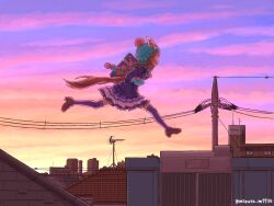 1girl animal_ears bag beanie blush brown_hair cityscape full_body hair_ornament hat highres horse_ears horse_girl jumping mittens mizuta_m1934 open_mouth pom_pom_(clothes) pom_pom_beanie power_lines samson_big_(umamusume) sky solo sunset twitter_username umamusume umamusume:_star_blossom utility_pole