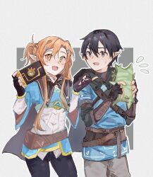1boy 1girl asuna_(sao) black_eyes black_hair black_pants blush cosplay elf gloves hair_ornament highres kirito kirito_(sao-alo) korok link link_(cosplay) long_hair long_sleeves nintendo onori821 open_mouth orange_eyes orange_hair pants pointy_ears princess_zelda princess_zelda_(cosplay) short_hair simple_background sweatdrop sword_art_online the_legend_of_zelda the_legend_of_zelda:_breath_of_the_wild titania_(sao)