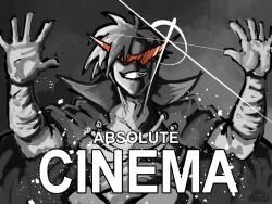 1boy absolute_cinema_(meme) arm_wrap asymmetrical_hair collared_cape commentary english_commentary english_text glint greyscale grin hands_up kamina_(ttgl) kamina_shades looking_at_viewer male_focus meme monochrome ononotsu orange-tinted_eyewear popped_collar short_hair smile solo spiked_hair spot_color tengen_toppa_gurren_lagann tinted_eyewear upper_body