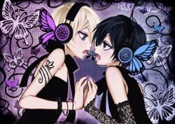 Rule 34 | 2boys, alois trancy, alternate costume, androgynous, blonde hair, blue eyes, bug, butterfly, ciel phantomhive, contemporary, eyelashes, fingernails, headphones, highres, insect, kuroshitsuji, lace, magnet (vocaloid), male focus, multiple boys, open mouth, short hair, wormy owo, yaoi