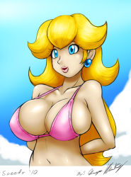 1girl bikini bikini_top_only blonde_hair blue_eyes breasts cleavage cloud earrings female_focus jewelry large_breasts long_hair mario_(series) midriff navel nintendo princess_peach smile solo speeds super_mario_bros._1 swimsuit upper_body