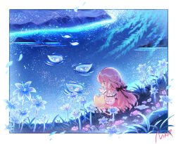 1girl ahoge animal arm_cutout artist_request belt black_belt black_bow black_ribbon blue_flower border bow bow_choker brown_eyes cat chibi chinese_commentary choker cloak clothed_animal commentary_request copyright_name ear_covers flower frilled_shirt frilled_sleeves frills from_behind hair_bow hair_ribbon happy high-waist_skirt highres hood hood_up hooded_cloak infinity_nikki lake lily_(flower) long_hair long_sleeves low_twintails momo_(nikki) night night_sky nikki_(nikki) nikki_(series) off-shoulder_shirt off_shoulder official_art on_grass open_mouth outdoors perfect_start_(infinity_nikki) petals pink_bow pink_hair pink_skirt pointing puffy_long_sleeves puffy_sleeves purple_flower ribbon ripples second-party_source shirt sidelocks sitting skirt sky smile star_(sky) starry_sky talking tress_ribbon twintails very_long_hair white_border white_cat white_shirt willow yellow_cloak