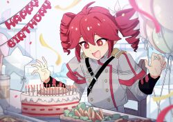 1girl baguette balloon birthday_cake bread cake drill_hair drooling fin_gocco food french_fries grey_jacket happy_birthday highres jacket kasane_teto kasane_teto_(sv) long_sleeves mouth_drool open_mouth red_eyes red_hair short-sleeved_jacket short_sleeves sitting solo star-shaped_pupils star_(symbol) symbol-shaped_pupils synthesizer_v twin_drills utau