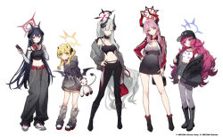 Rule 34 | blue archive, chiaki (blue archive), full body, hakasesuicchi, highres, horns, ibuki (blue archive), iroha (blue archive), jacket, long hair, makoto (blue archive), navel, official alternate costume, open clothes, open jacket, pandemonium society (blue archive), pants, satsuki (blue archive), simple background, white background