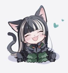 1girl :3 ^_^ animal_ear_fluff animal_ears black_hair black_shoes cat_ears cat_girl cat_tail chibi chibi_only closed_eyes dress frilled_dress frills full_body gothic_lolita heart highres hololive hololive_dev_is juufuutei_raden juufuutei_raden_(1st_costume) lolita_fashion long_hair multicolored_hair saito_shiorii shoes sitting smile soles solo streaked_hair tail virtual_youtuber white_hair