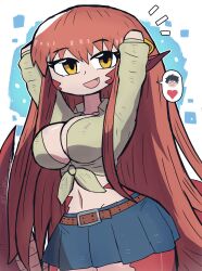 1girl absurdres arms_behind_head arms_up belt blue_skirt breasts bursting_breasts cleavage collarbone eyelashes fang female_focus front-tie_shirt heart highres lamia large_breasts long_hair looking_at_viewer miia_(monster_musume) monster_girl monster_musume_no_iru_nichijou navel no_humans open_mouth pointy_ears red_hair shiny_skin shirt skirt snake_tail solo tail tony_welt very_long_hair wide_hips yellow_eyes yellow_shirt