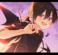 1boy bat_wings black_hair black_hoodie black_wings blush bug butterfly child cloud cloudy_sky commentary_request dot_nose double-parted_bangs drawstring dutch_angle fang far_tarooo hair_between_eyes highres hood hood_down hoodie insect letterboxed looking_at_viewer male_focus open_mouth original ponytail red_eyes shiro_(far_tarooo) short_ponytail short_sleeves sky smile solo two-sided_hoodie upper_body wings